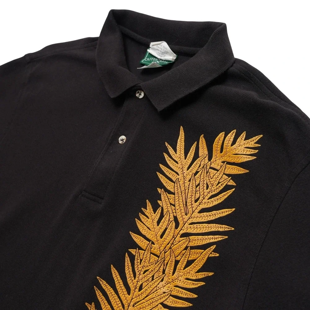 Na Makua Hawaii Polo Mens Medium Black Gold Fern Tropical Aloha Shirt